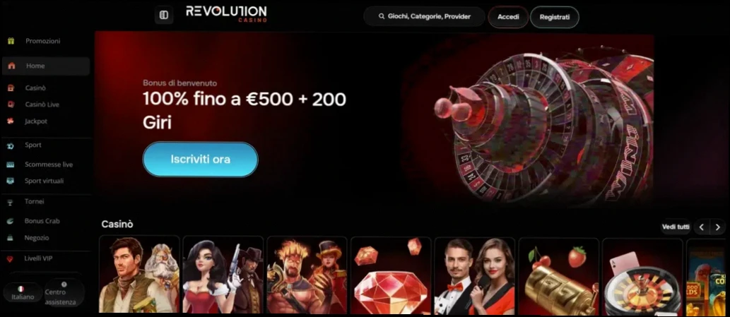 Revolution Casino bonus 100% fino a 500 € e 200 giri gratuiti